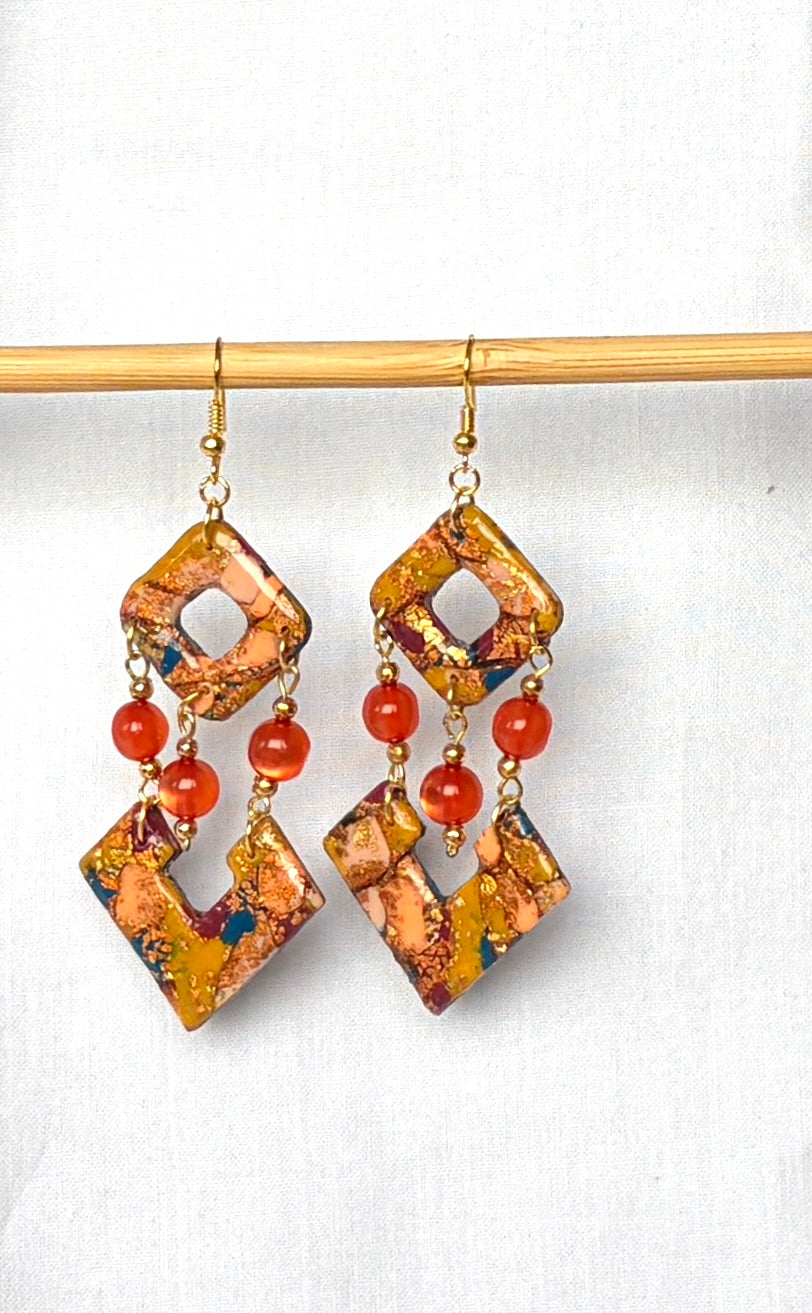 Copper Marble Polymer Clay Diamond Drop Earrings