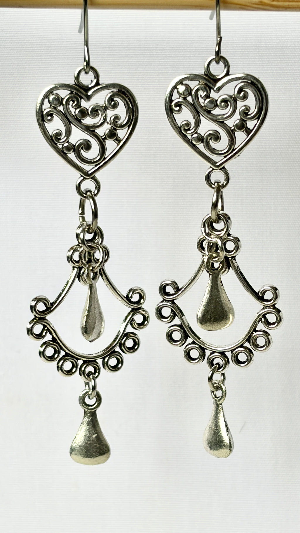 Silver Filigree Heart Chandelier Drop Earrings