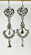 Silver Filigree Heart Chandelier Drop Earrings