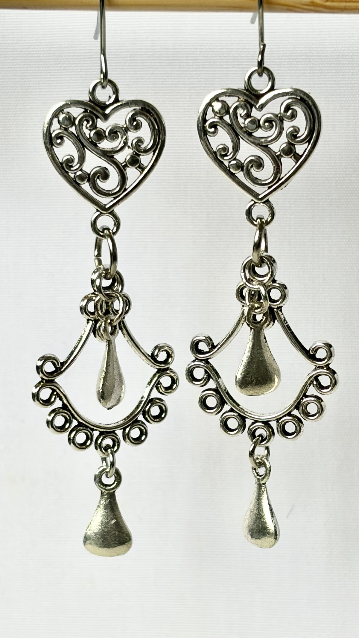 Silver Filigree Heart Chandelier Drop Earrings