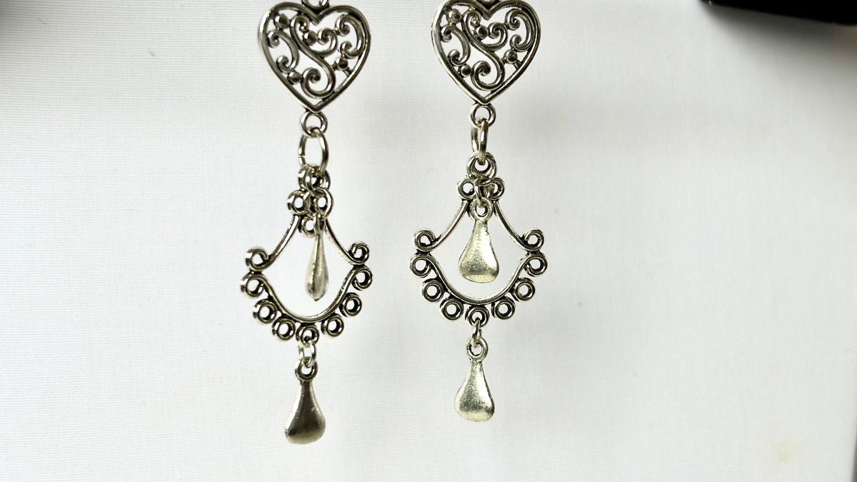 Silver Filigree Heart Chandelier Drop Earrings