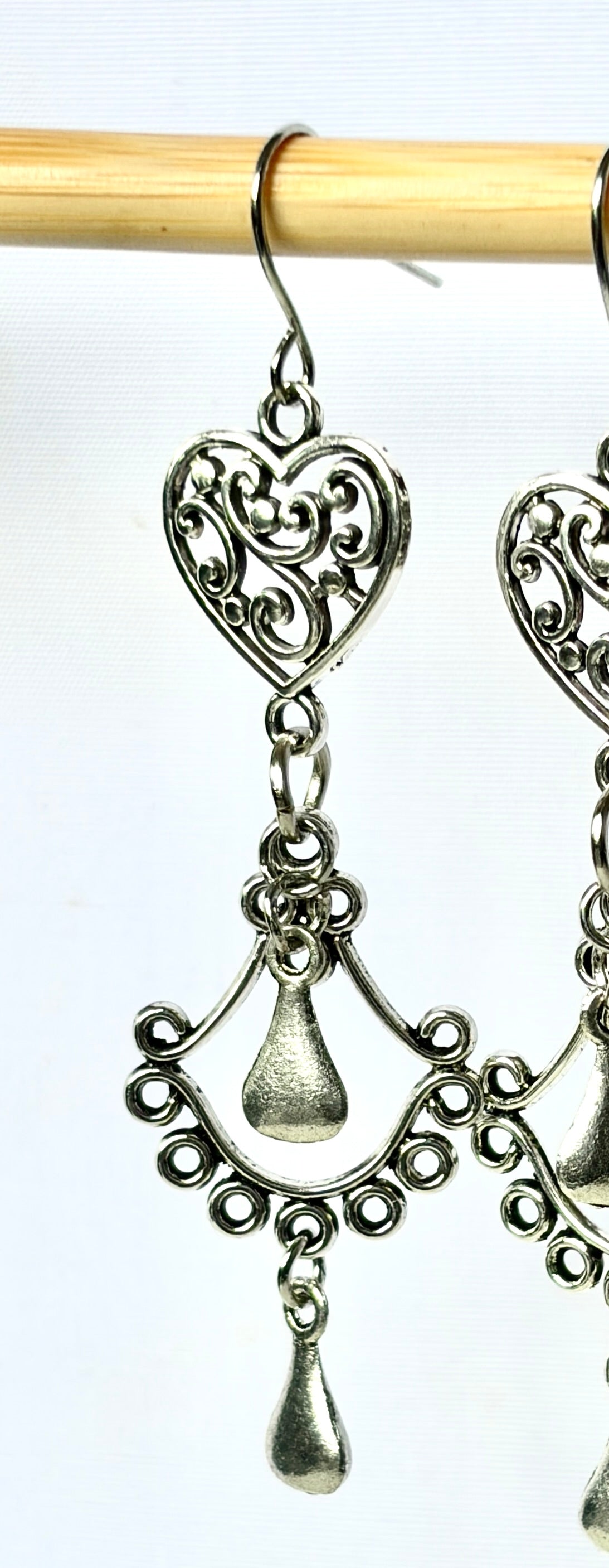 Silver Filigree Heart Chandelier Drop Earrings
