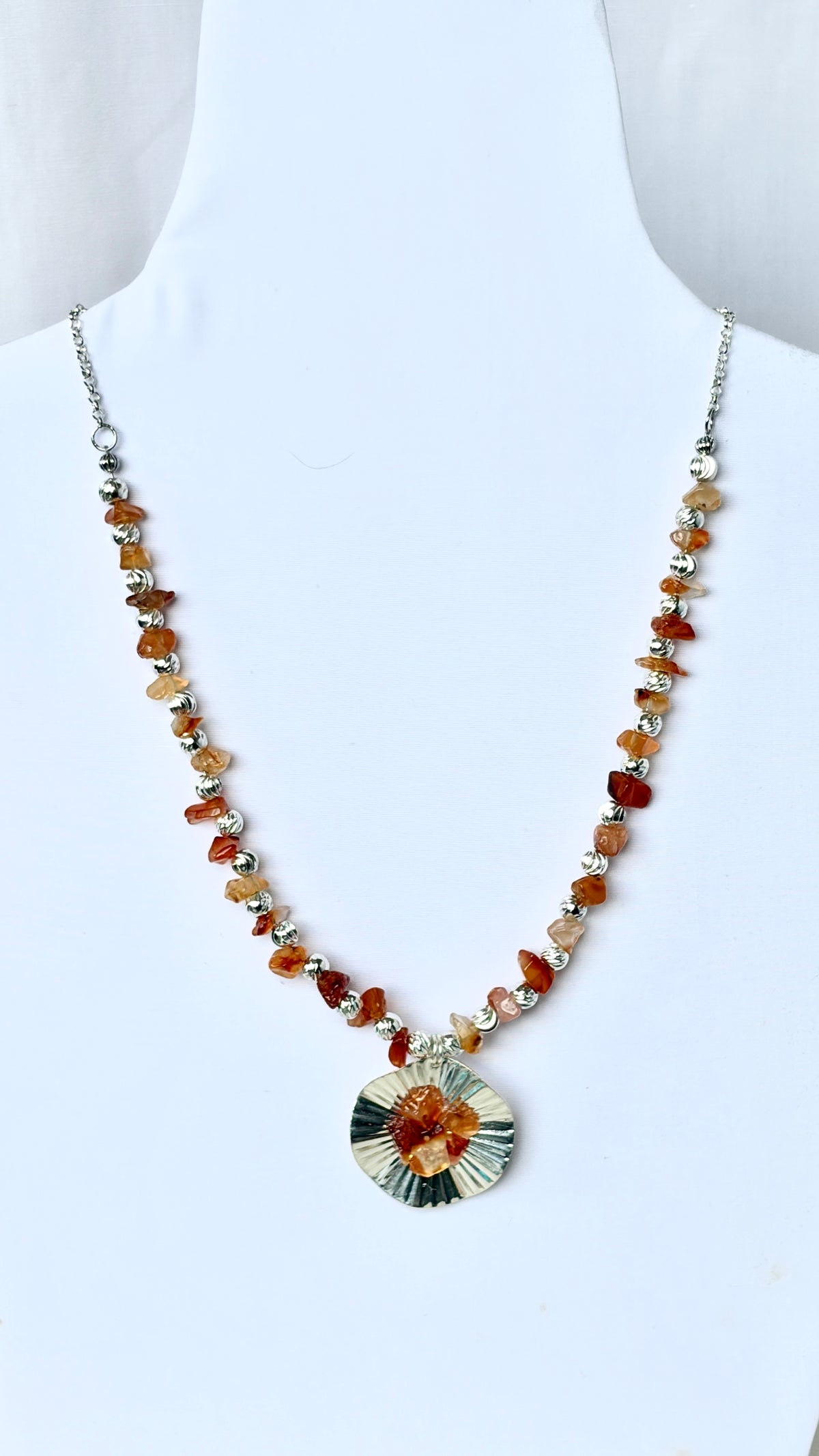 Carnelian Chip & Silver Sunburst Pendant Necklace