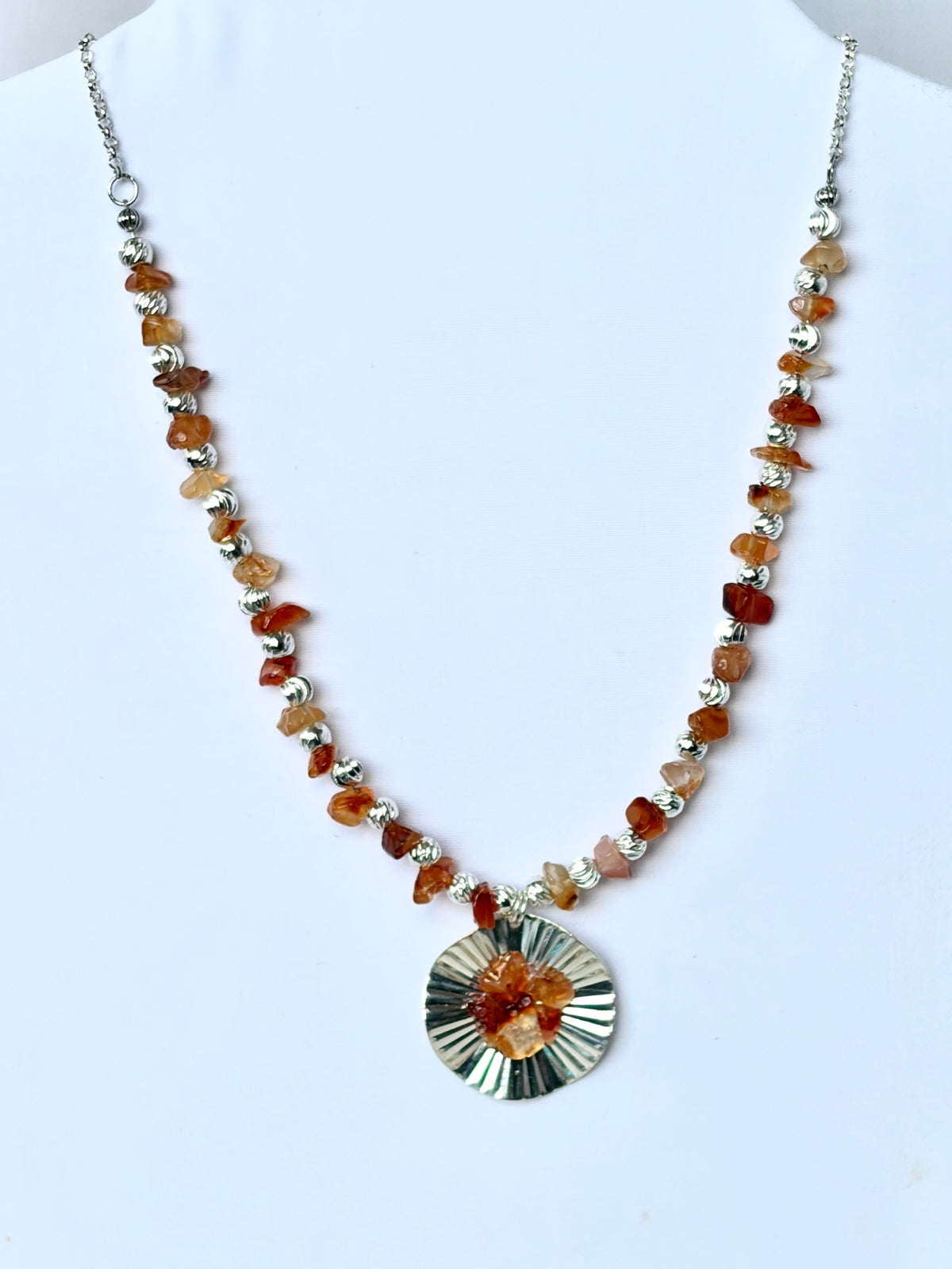 Carnelian Chip & Silver Sunburst Pendant Necklace
