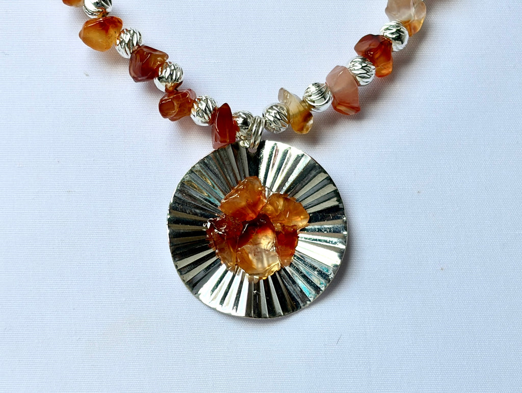Carnelian Chip & Silver Sunburst Pendant Necklace