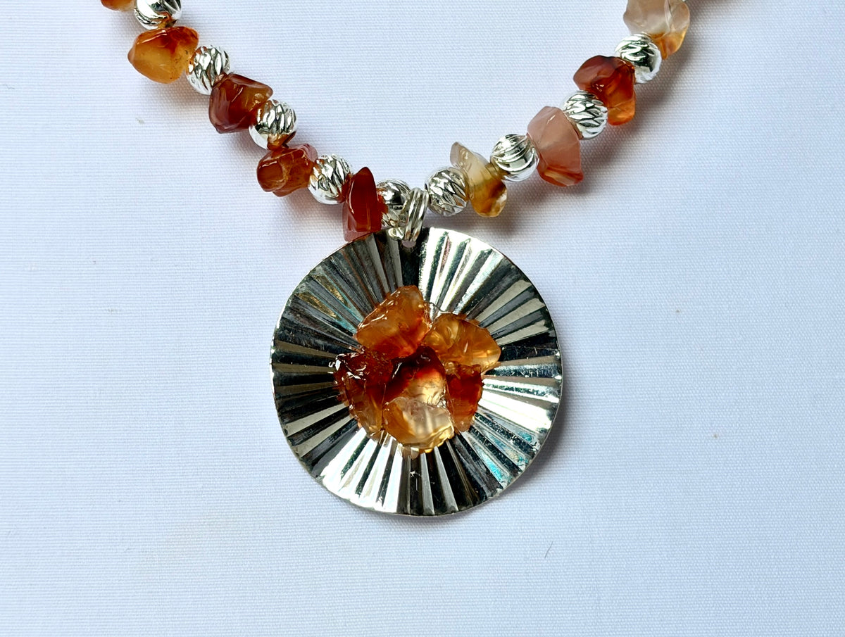 Carnelian Chip & Silver Sunburst Pendant Necklace