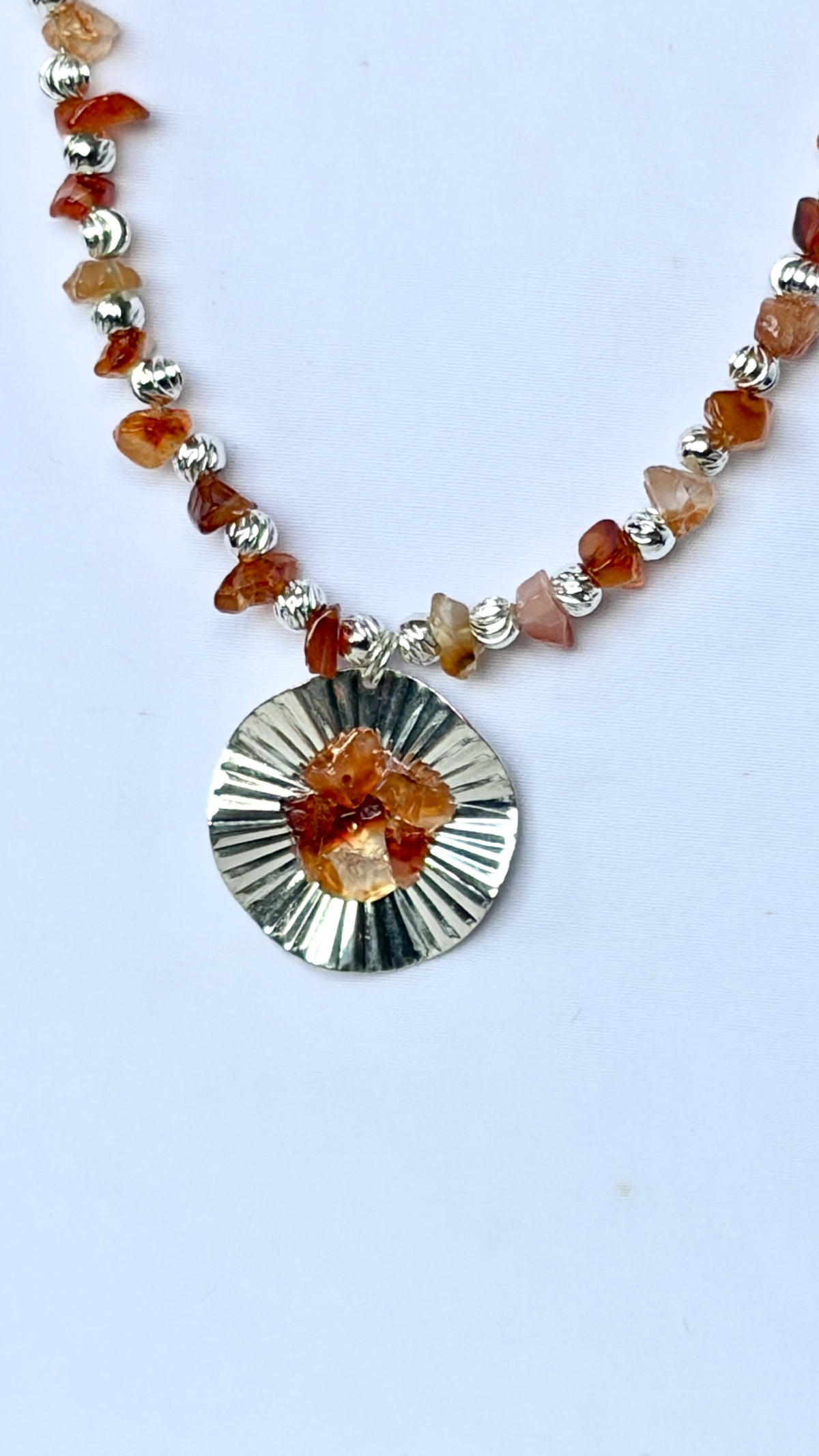 Carnelian Chip & Silver Sunburst Pendant Necklace