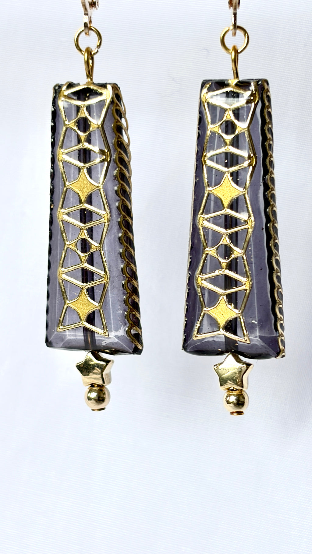 Smoky Grey Filigree Tapered Drop Earrings