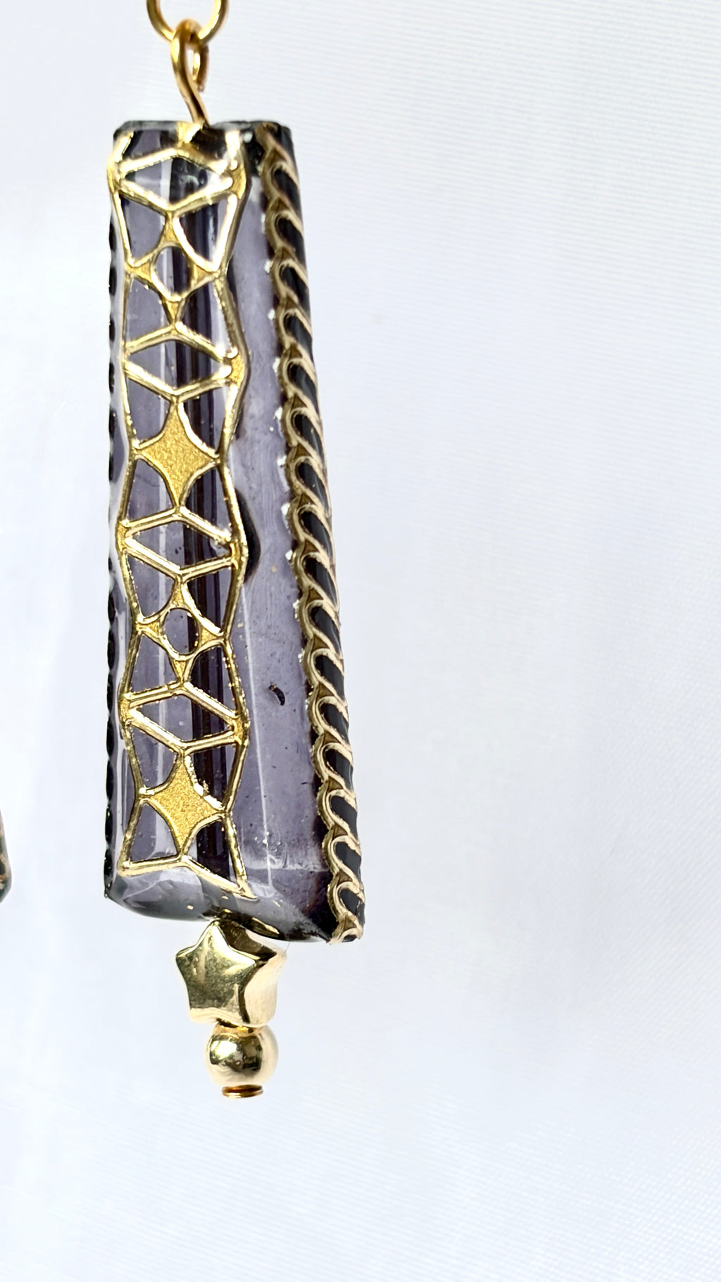 Smoky Grey Filigree Tapered Drop Earrings