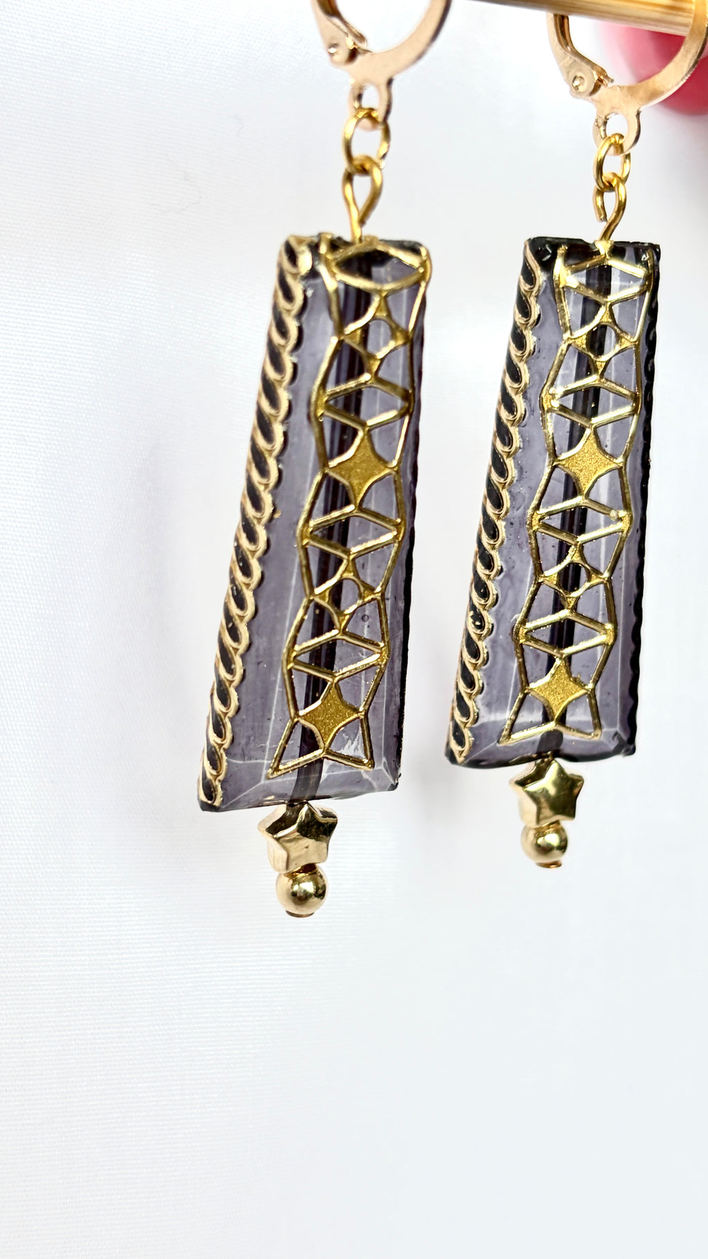 Smoky Grey Filigree Tapered Drop Earrings