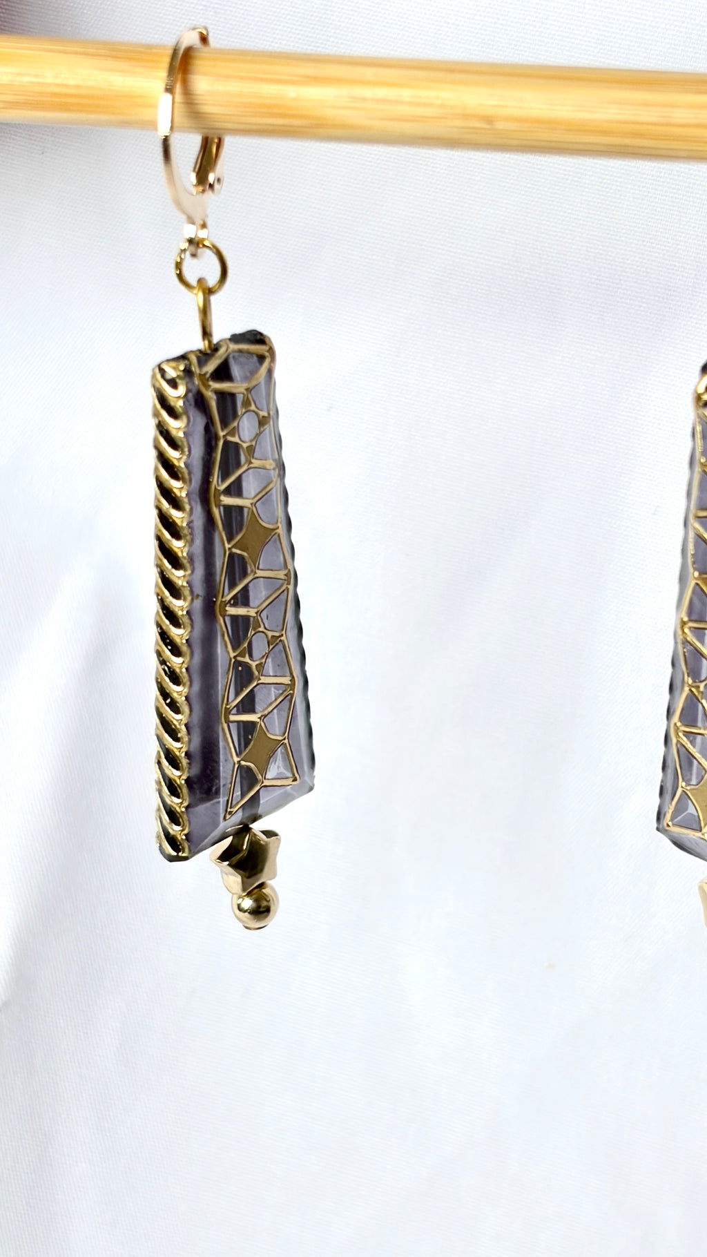 Smoky Grey Filigree Tapered Drop Earrings