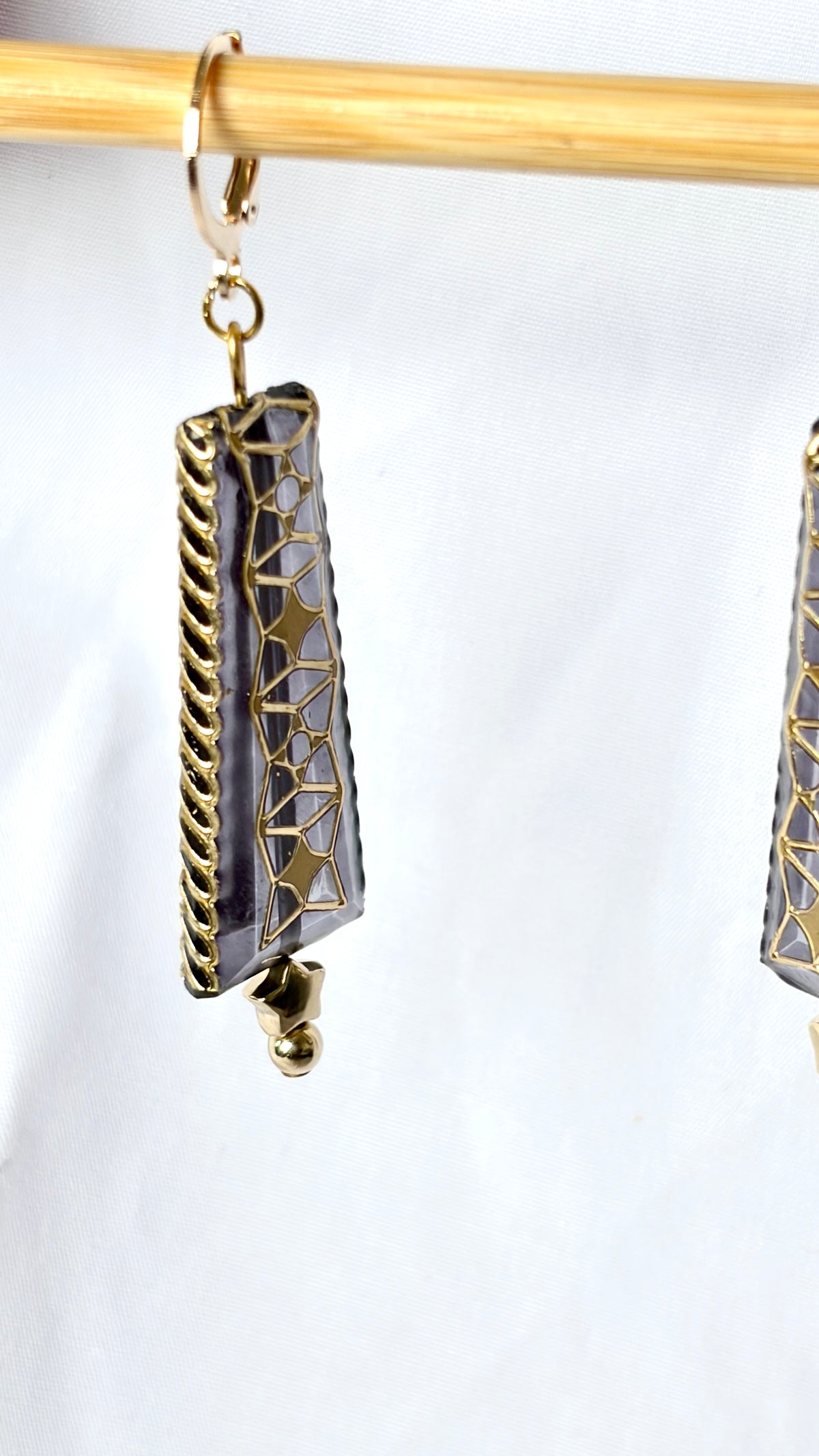 Smoky Grey Filigree Tapered Drop Earrings