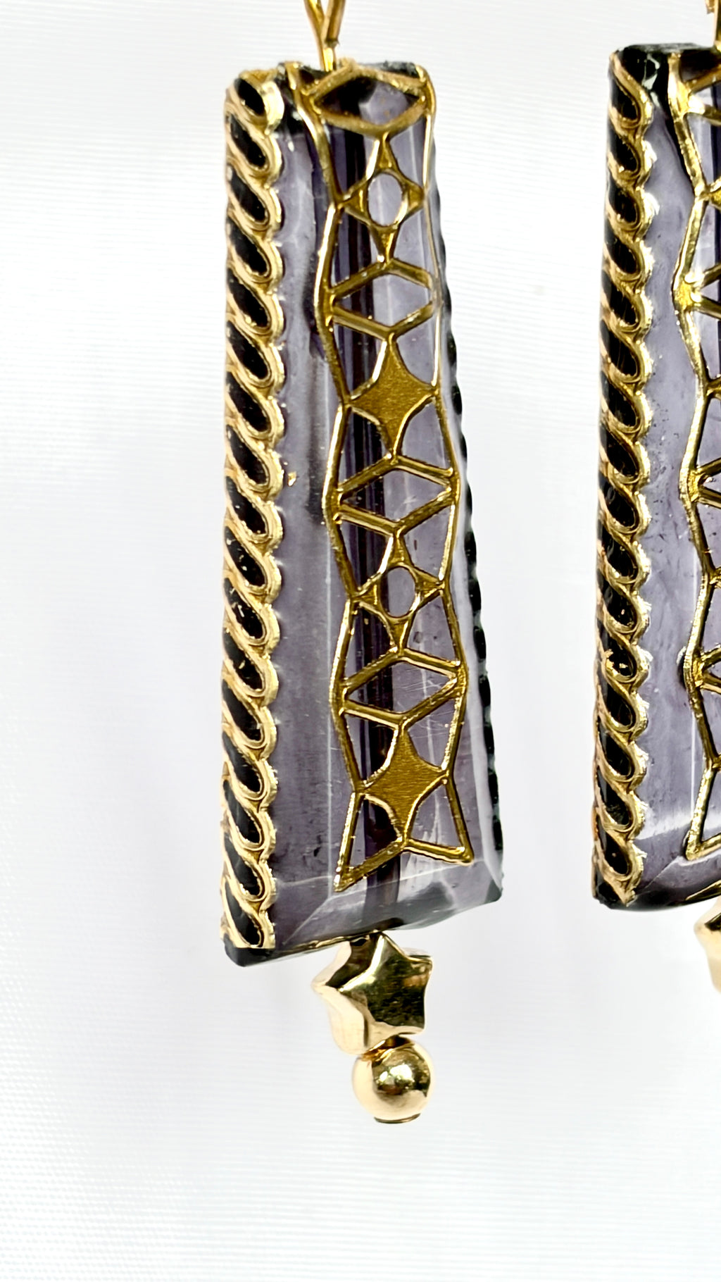 Smoky Grey Filigree Tapered Drop Earrings