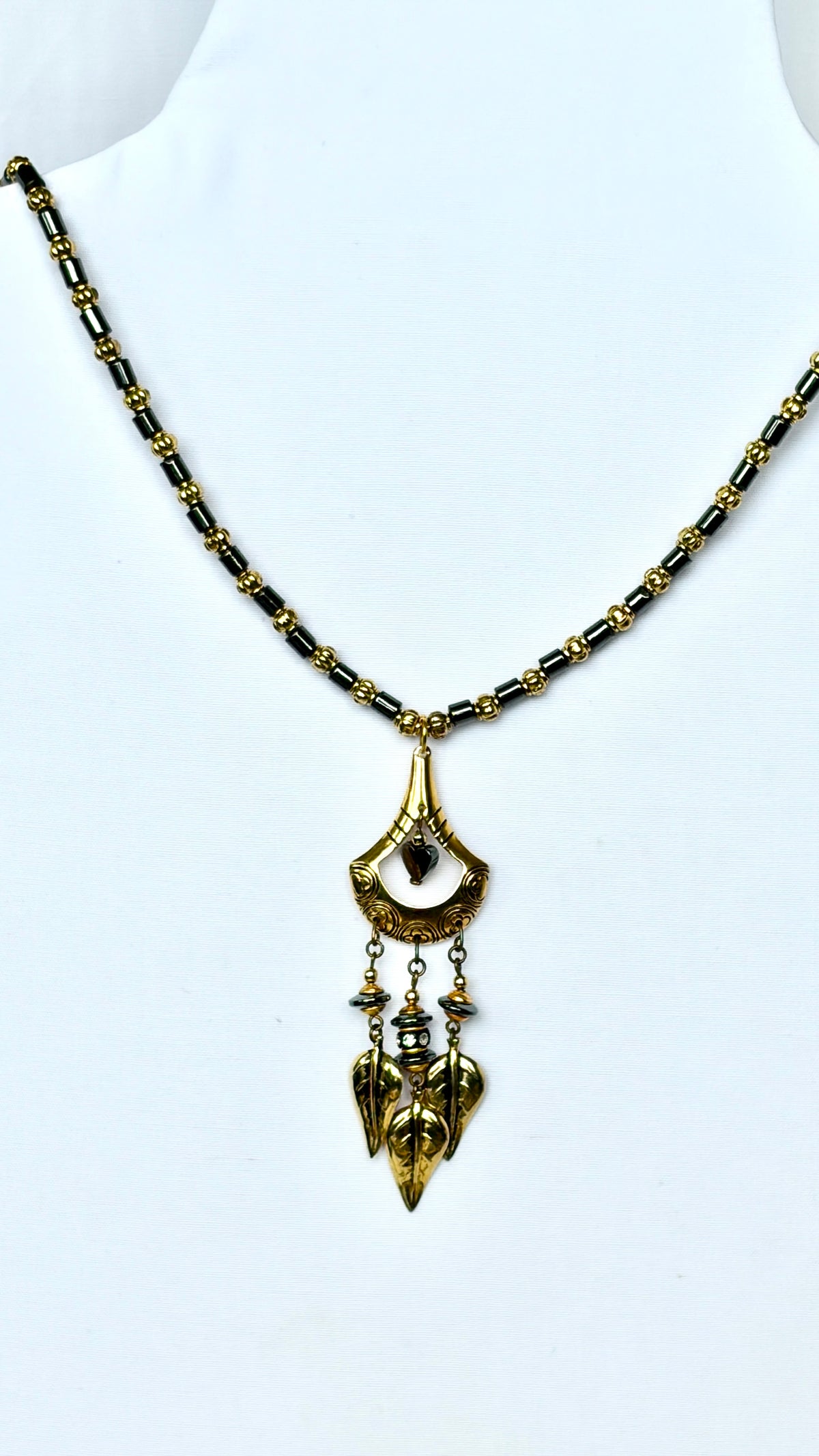 Black Hematite & Gold Chandelier Leaf Pendant Necklace