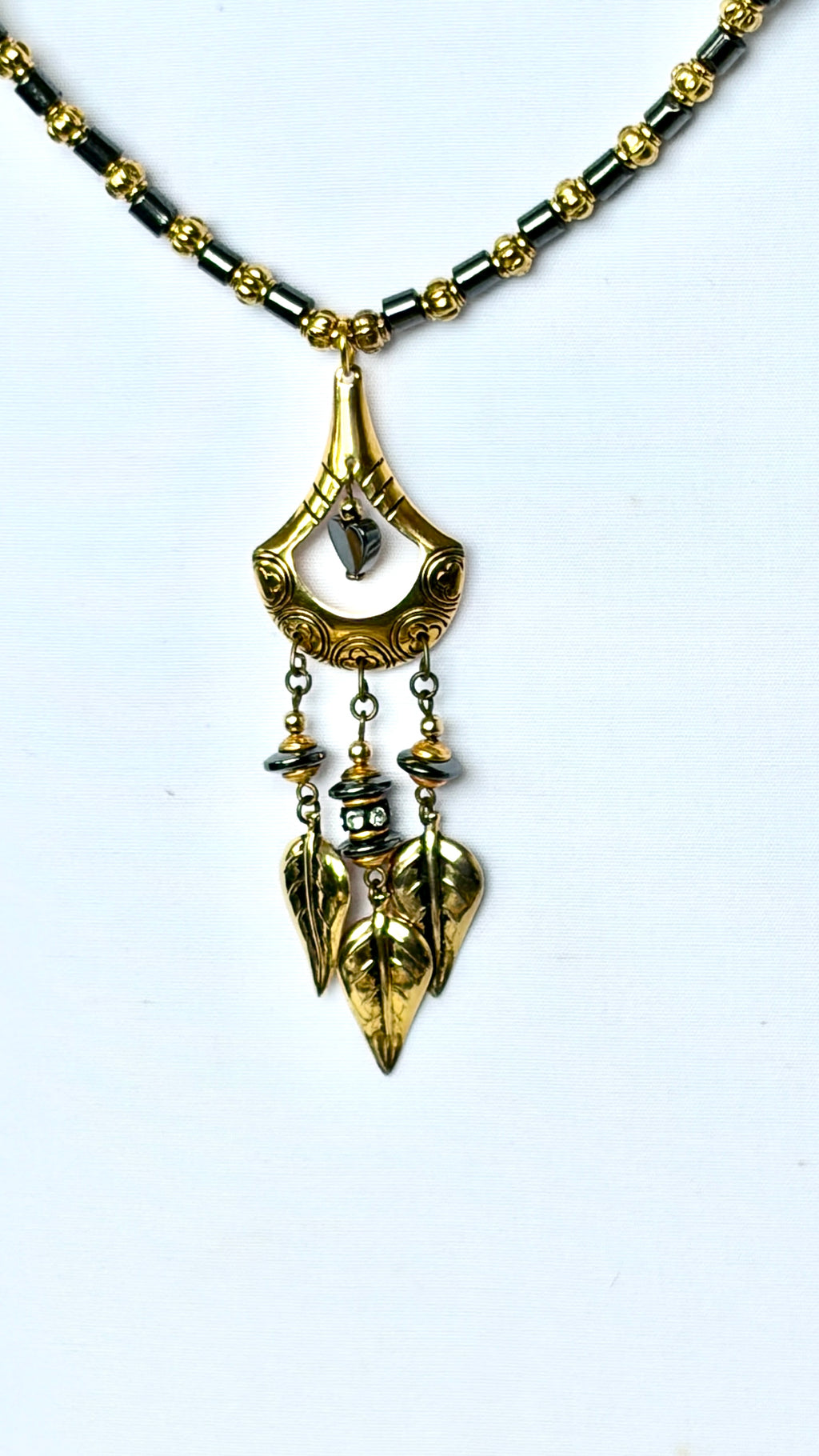 Black Hematite & Gold Chandelier Leaf Pendant Necklace