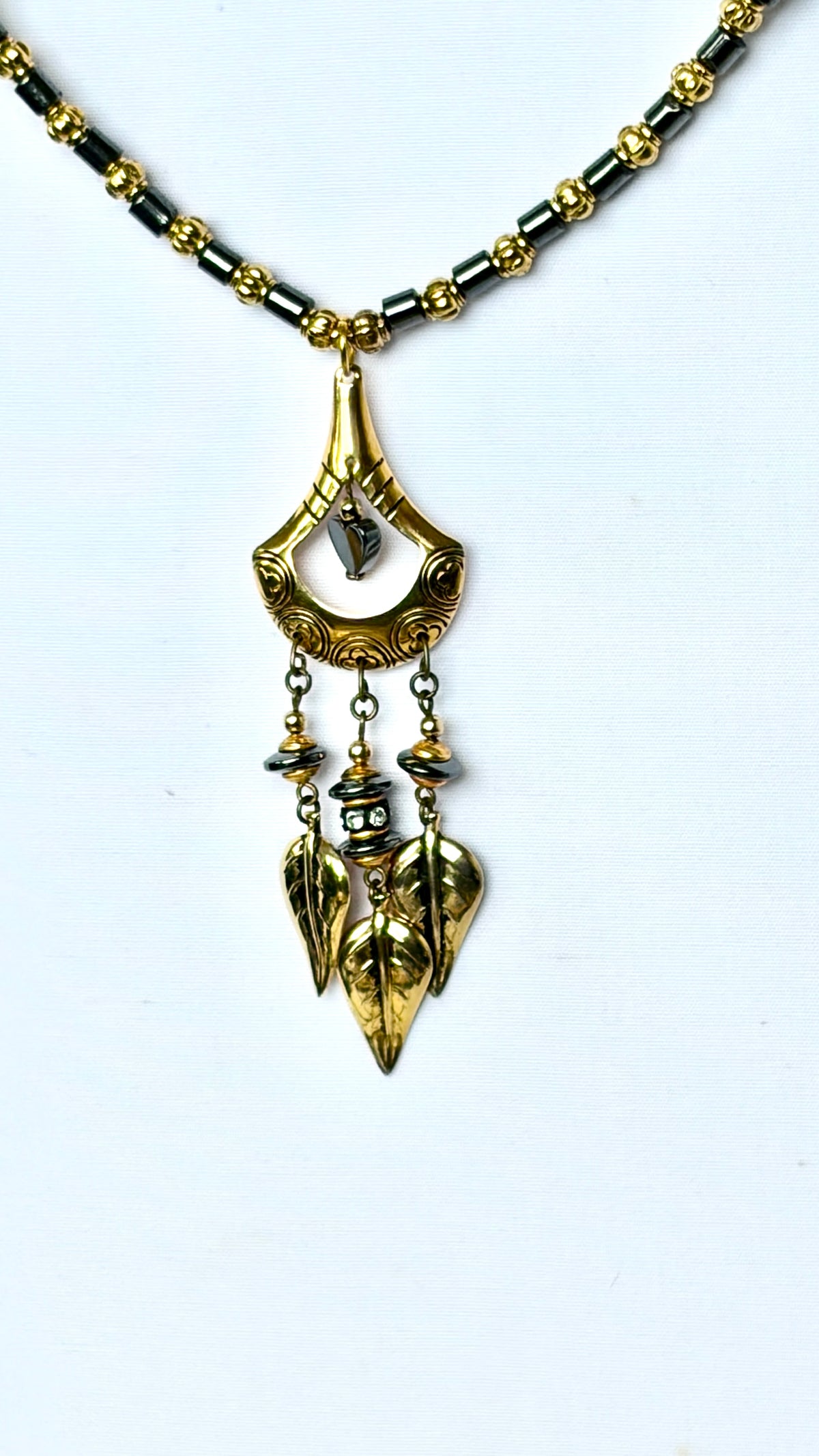 Black Hematite & Gold Chandelier Leaf Pendant Necklace