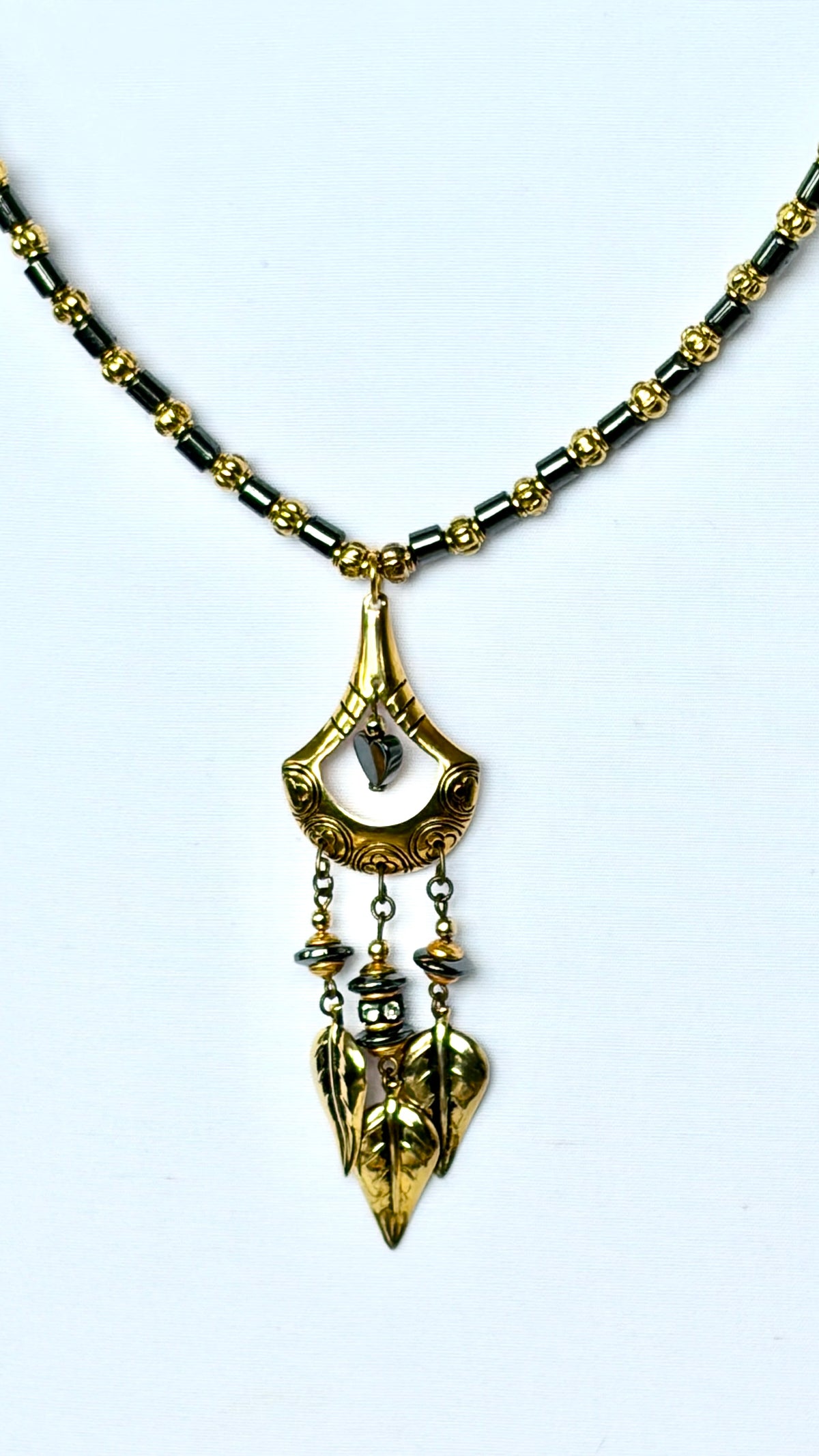 Black Hematite & Gold Chandelier Leaf Pendant Necklace