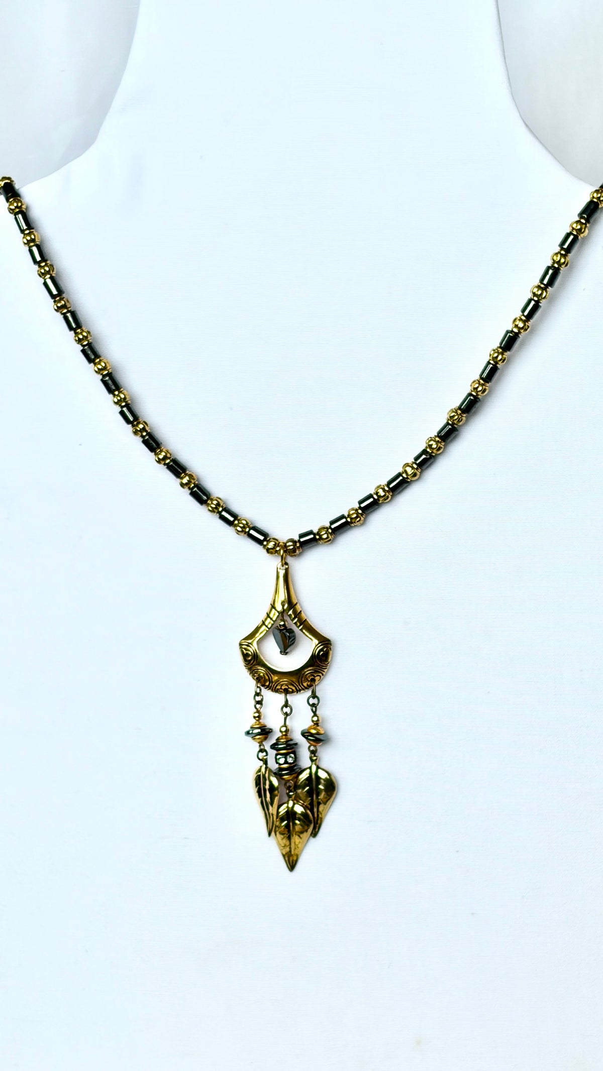 Black Hematite & Gold Chandelier Leaf Pendant Necklace