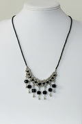 Black Crystal & Silver Chainmail Crescent Bib Necklace