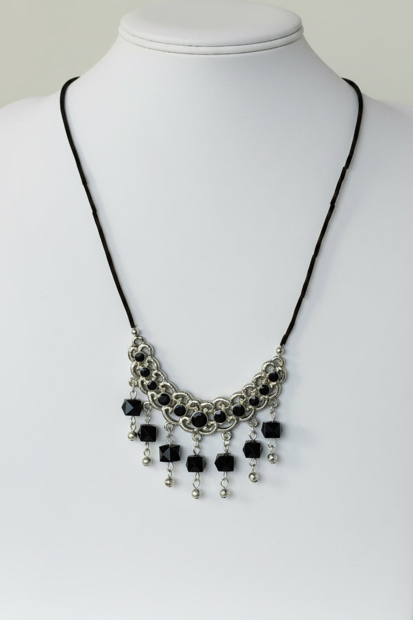 Black Crystal & Silver Chainmail Crescent Bib Necklace