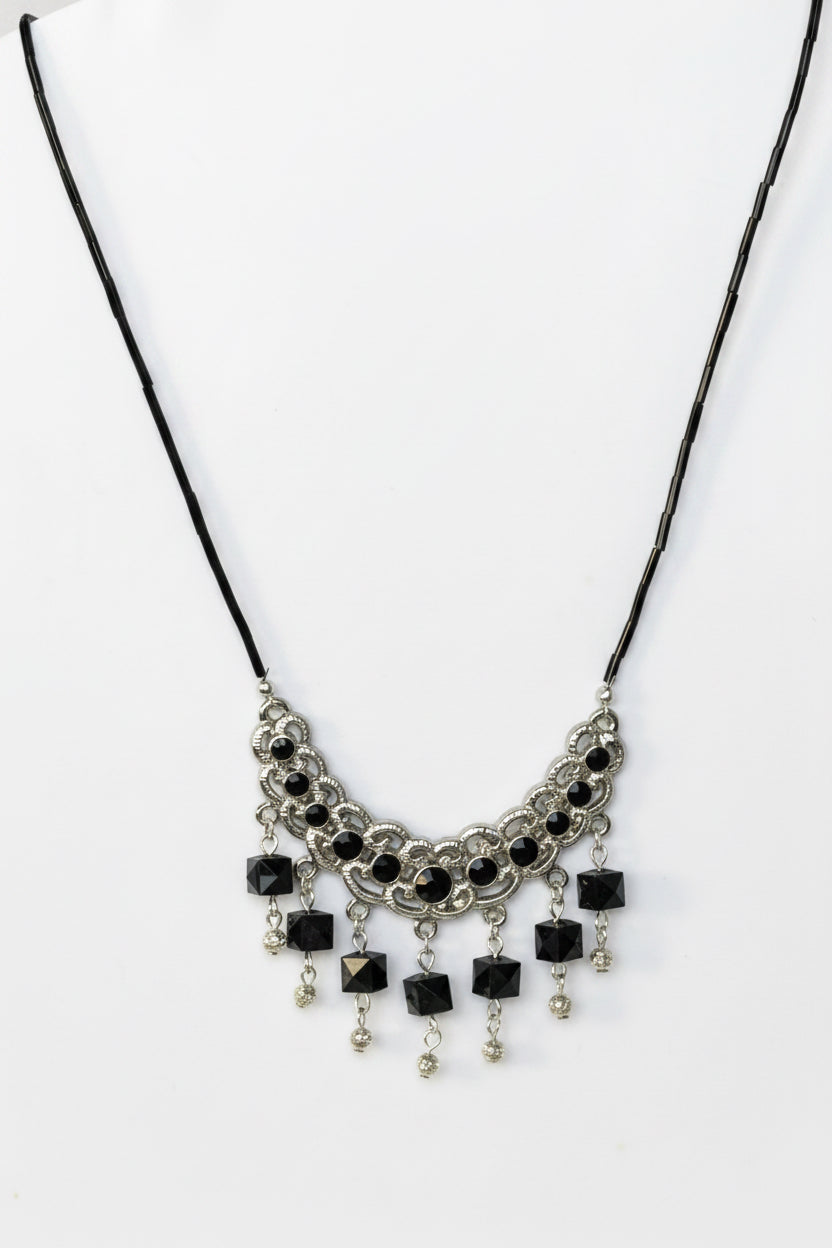 Black Crystal & Silver Chainmail Crescent Bib Necklace