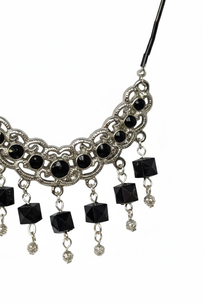 Black Crystal & Silver Chainmail Crescent Bib Necklace