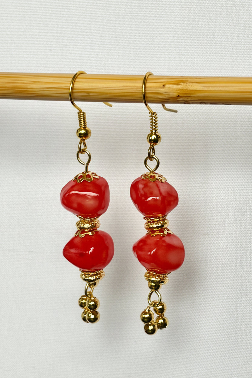 Coral Red Acrylic Stone Bead Drop Earrings