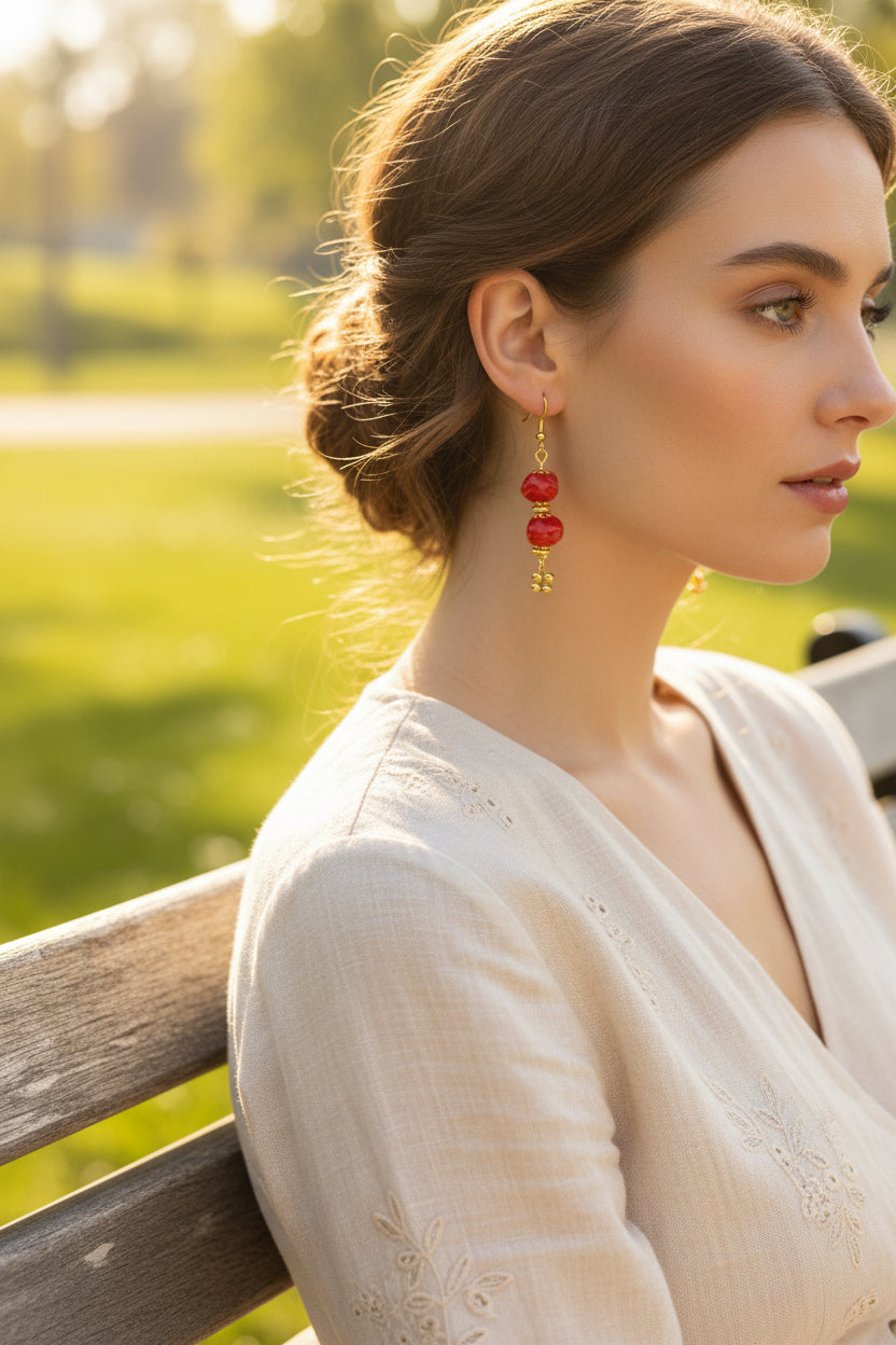 Coral Red Acrylic Stone Bead Drop Earrings