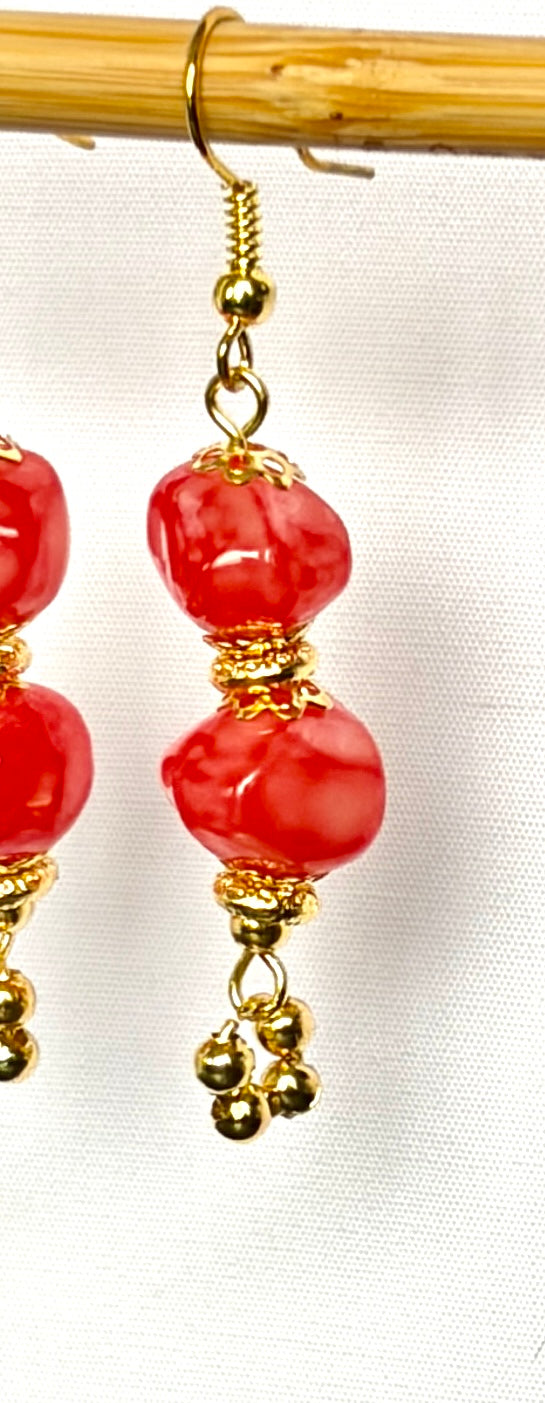 Coral Red Acrylic Stone Bead Drop Earrings