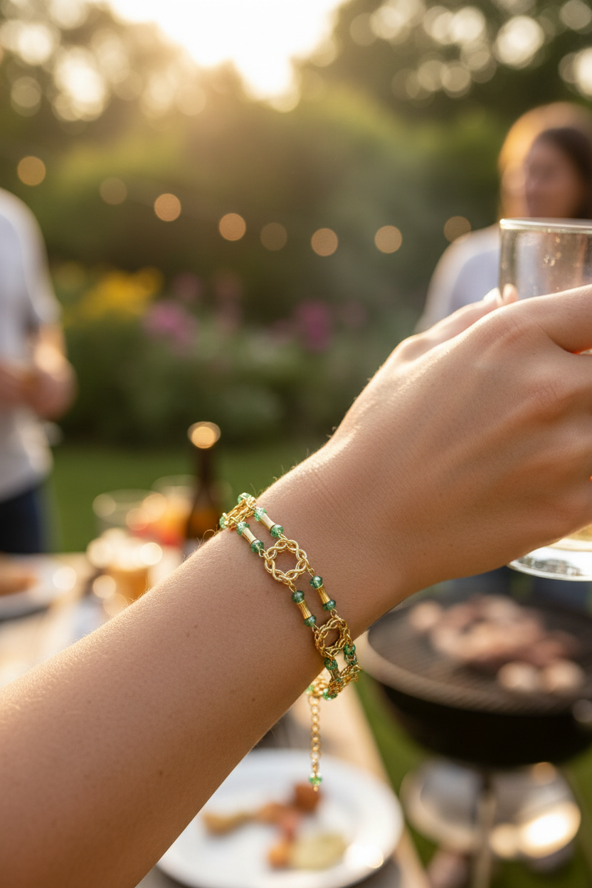 Green Crystal & Gold Chain Link Bracelet