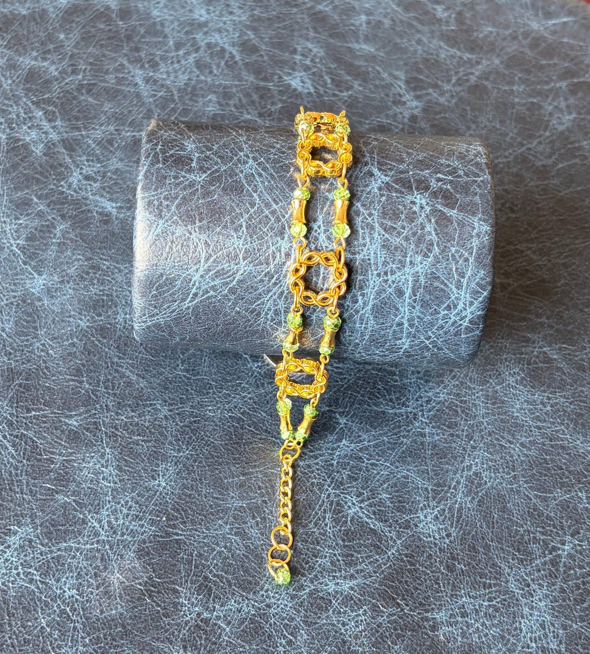 Green Crystal & Gold Chain Link Bracelet