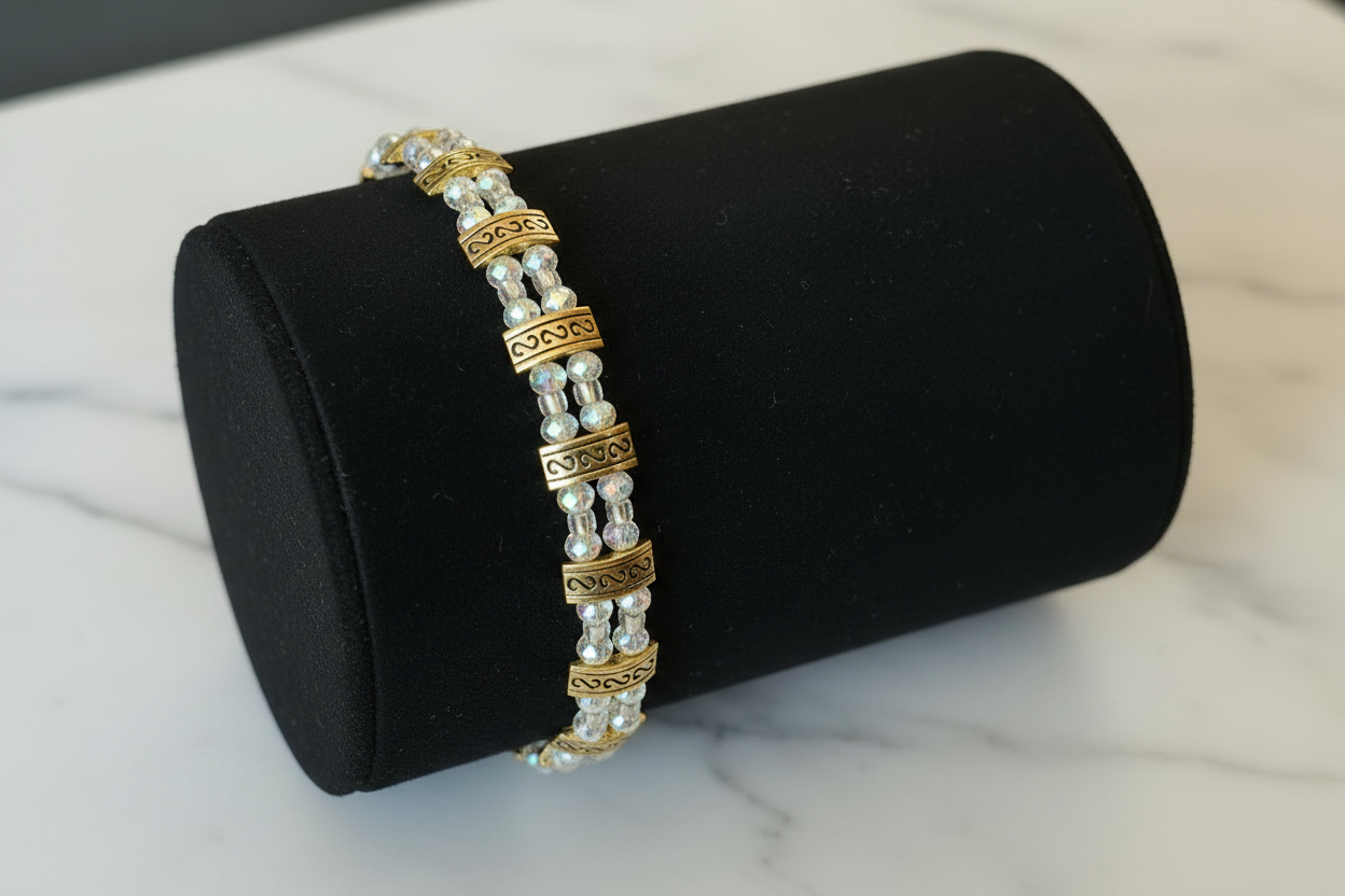 Iridescent Crystal Boho Bracelet on matte black leather stand